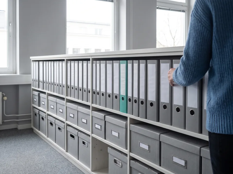 Labelled binders on an office shelf