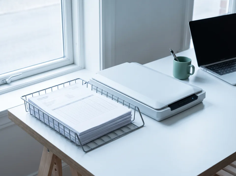 Printed customer purchase orders in a tray beside a document scanner and a laptop at an order desk