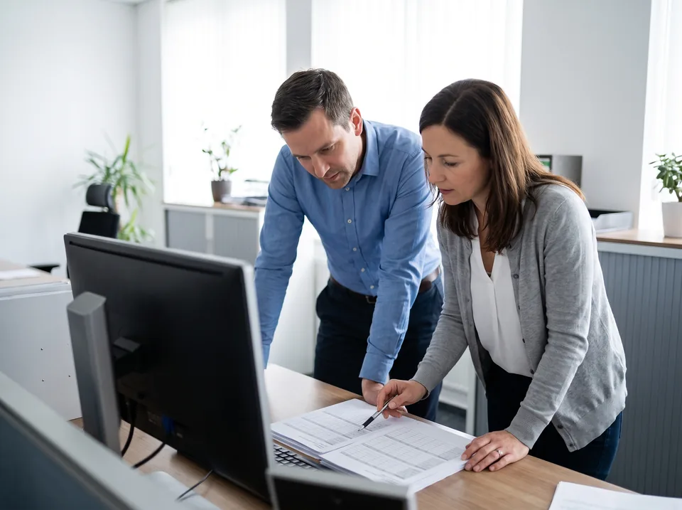 An order team reviewing customer purchase orders together at a shared desk
